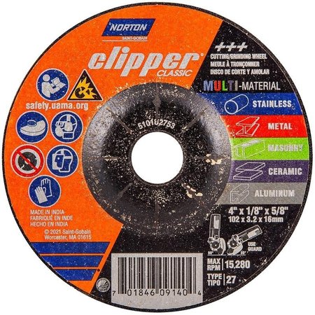 NORTON CLIPPER Clipper Classic AC AOSC Series Grinding and Cutting Wheel, 4 in Dia, 18 in Thick, 58 in Arbor 70184609140